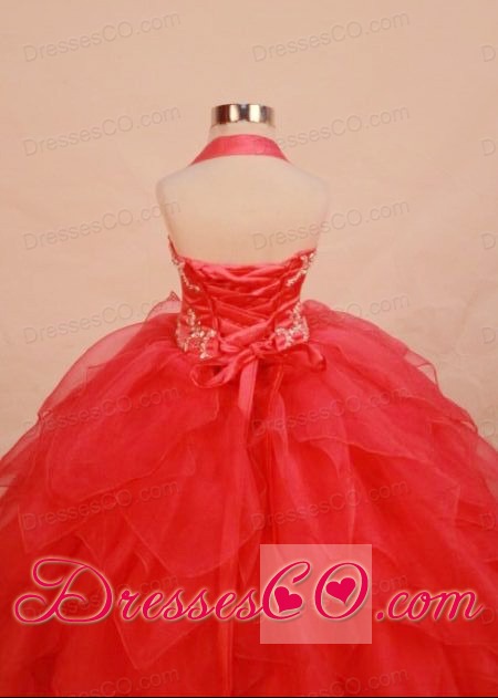 Beading Modest Halter Ball Gown Long Red Little Girl Pageant Dresses