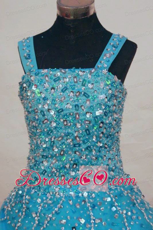 Beading A-line Gorgeous Straps Organza Teal Long Little Girl Pageant Dresses