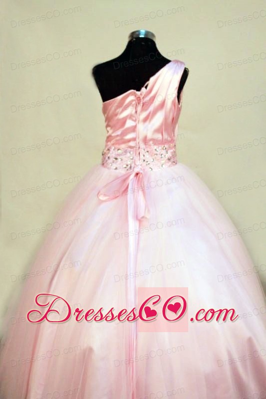 Beading Perfect Ball Gown Tulle One Shoulder Long Pink Little Girl Pageant Dresses