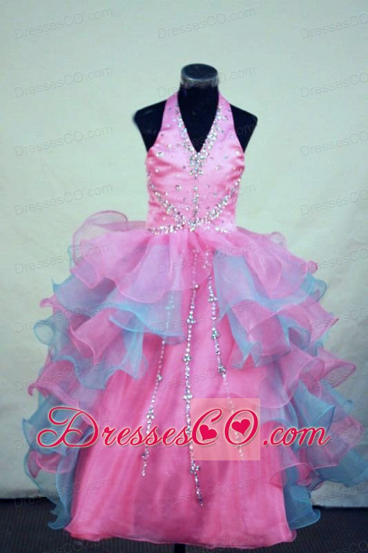 Beading Gorgeous Ball Gown Halter Organza Long Colorful Little Girl Pageant Dresses