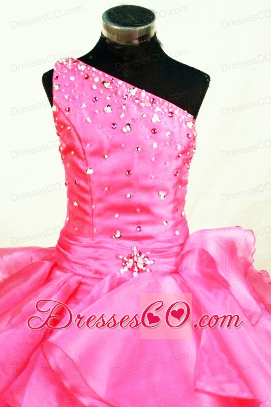 Ruffles Romantic Ball Gown Hot Pink Organza One Shoulder Beading Long Little Girl Pageant Dresses