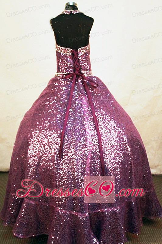 Sequins A-line Halter Long Fuchsia Paillette Beading Little Girl Pageant Dresses