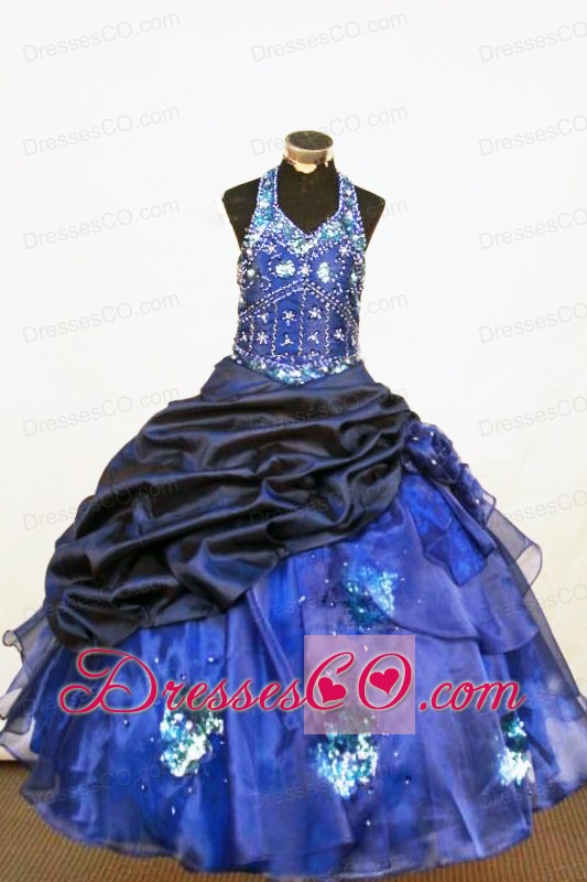 Beading Beautiful Ball Gown Halter Long Organza Blue Little Girl Pageant Dresses