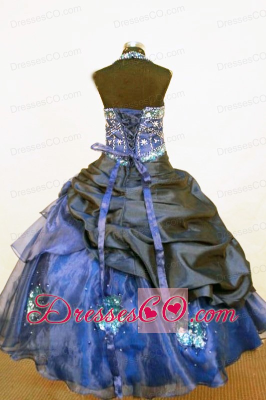 Beading Beautiful Ball Gown Halter Long Organza Blue Little Girl Pageant Dresses