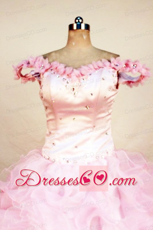 Beading Luxurious Ball Gown Organza Off The Shoulder Neck Long Pink Beading Little Girl Pageant Dresses
