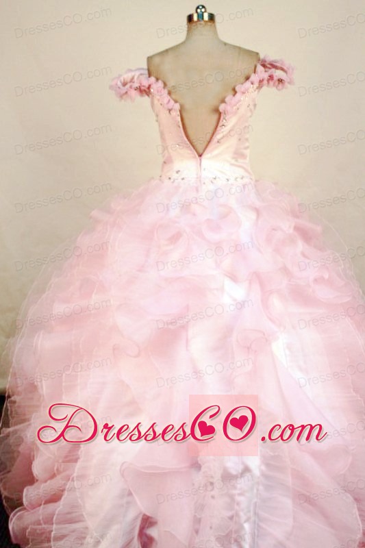 Beading Luxurious Ball Gown Organza Off The Shoulder Neck Long Pink Beading Little Girl Pageant Dresses