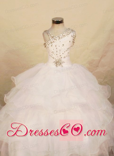Beautiful White Ball Gown Organza One Shoulder Long Beading Little Girl Pageant Dresses