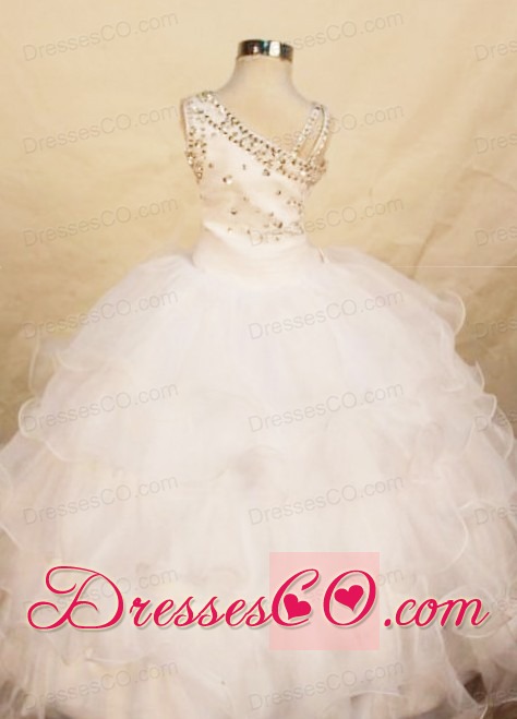 Beautiful White Ball Gown Organza One Shoulder Long Beading Little Girl Pageant Dresses