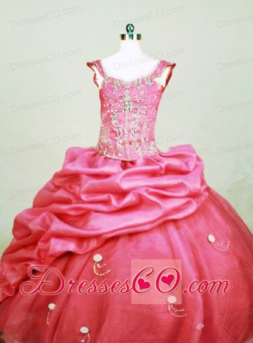 Beading Sweet Ball Gown Square Organza Long Hot Pink Little Girl Pageant Dresses