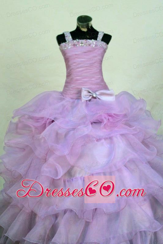 Beading Romantic Organza Straps Ball Gown Long Lavender Little Girl Pageant Dresses