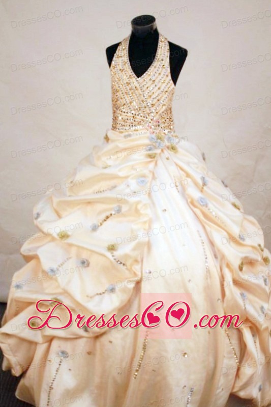 Gorgeous Taffeta Ball Gown Halter Yellow Long Beading Little Girl Pageant Dresses