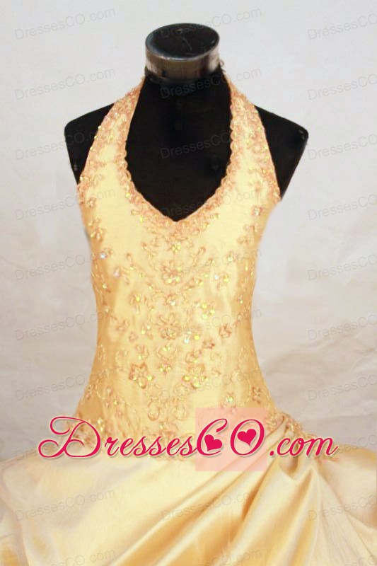Beautiful Ball Gown Halter Long Taffeta Gold Beading Little Girl Pageant Dresses