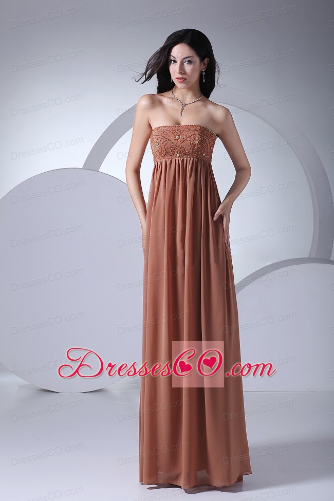 Beading Decorate Bodice Brown Chiffon Strapless Long Prom Dress