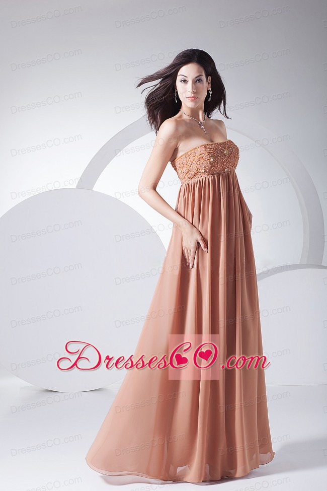Beading Decorate Bodice Brown Chiffon Strapless Long Prom Dress