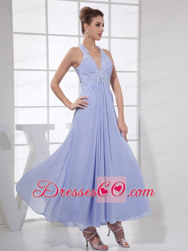 Appliques V-neck Lilac Chiffon Ankle-length Prom Dress