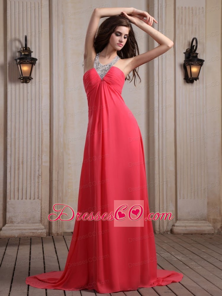 Coral Red Prom Dress With Beaded V-neck Chiffon Court Train Empire