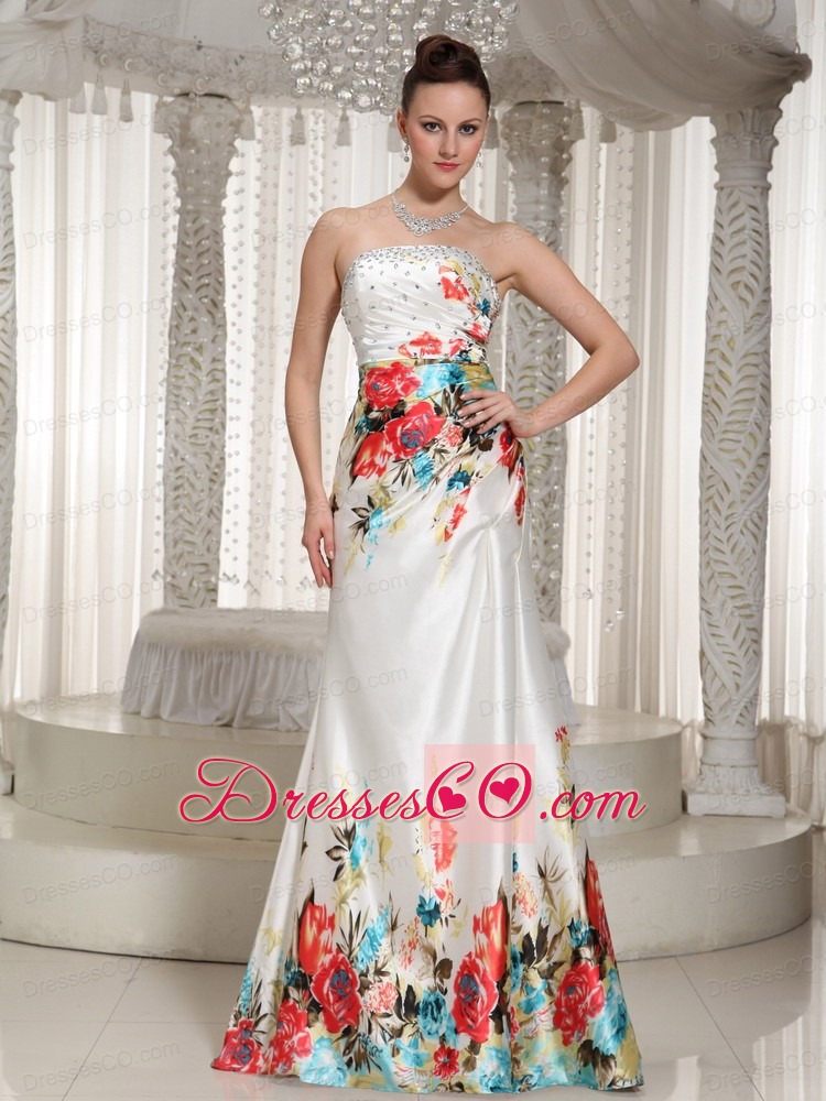 Printing Long Strapless Rhinestones Embellishment Prom Dress For Formal Evening