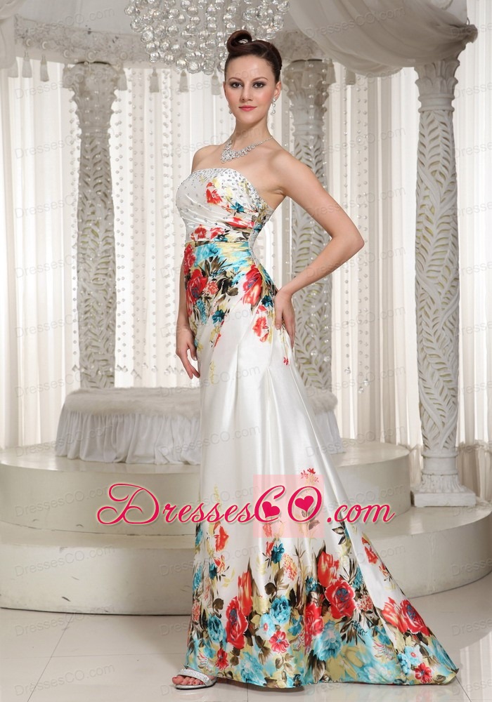 Printing Long Strapless Rhinestones Embellishment Prom Dress For Formal Evening