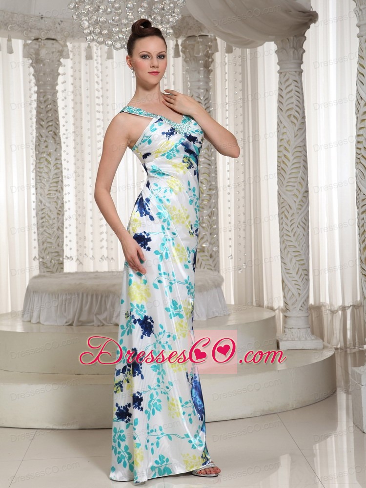 Colorful Beaded Embellishment Long V-neck Column Prom DressFor Formal Evening