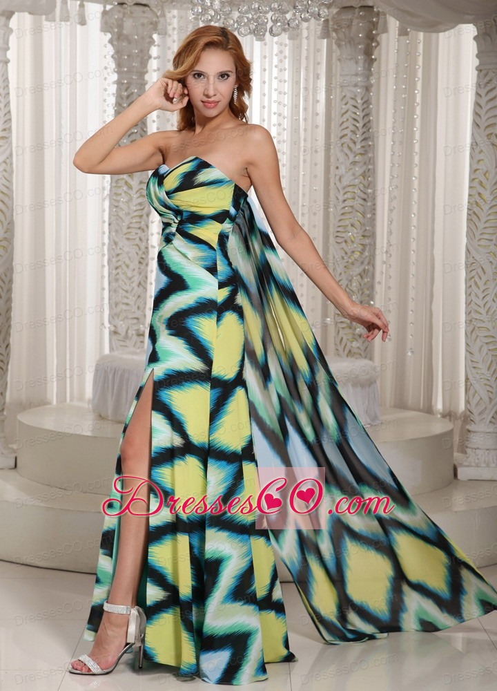 Multi-color Printing Chiffon High Slit Watteau Train Prom Dress