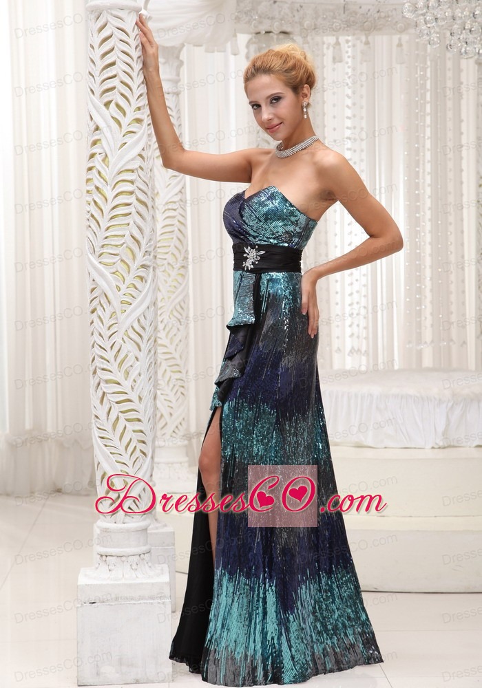 High Slit Colorful Paillette Over Skirt With Beading Long Prom / Homecoming Dress For Formal Evening