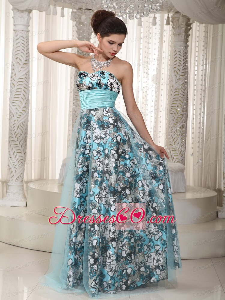 Brand New Empire Long Print And Tulle Ruched Prom Dress