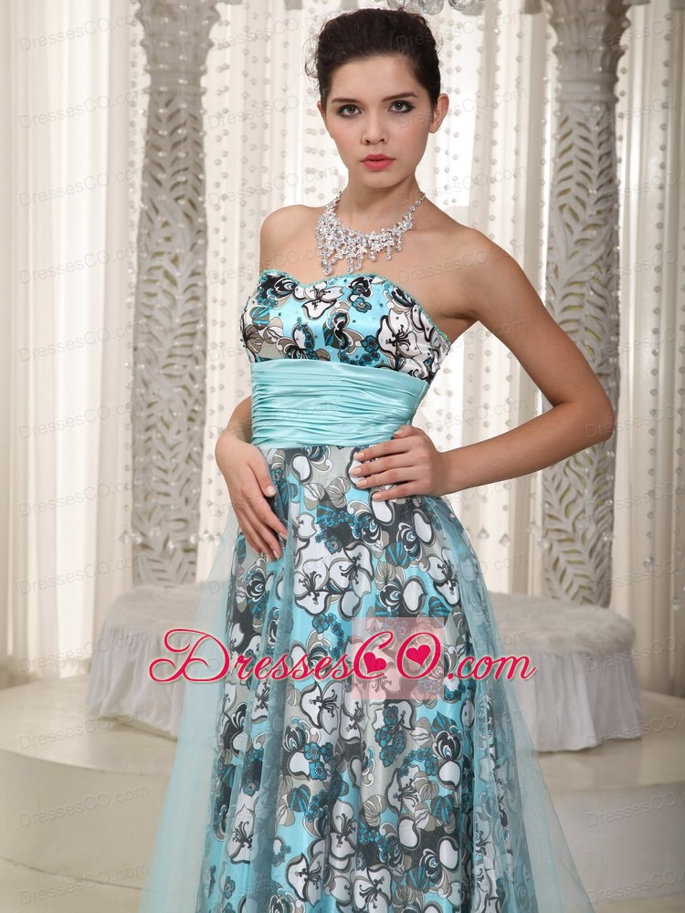 Brand New Empire Long Print And Tulle Ruched Prom Dress