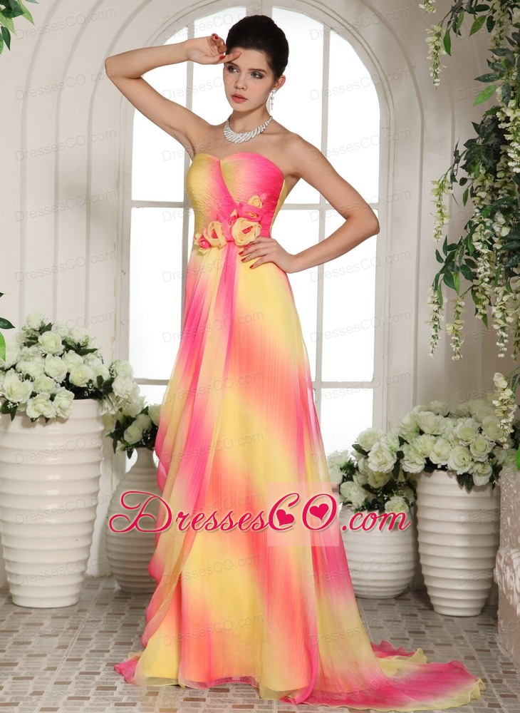 Multi-color Hand Made Flowers Prom Gowns With Brush Train