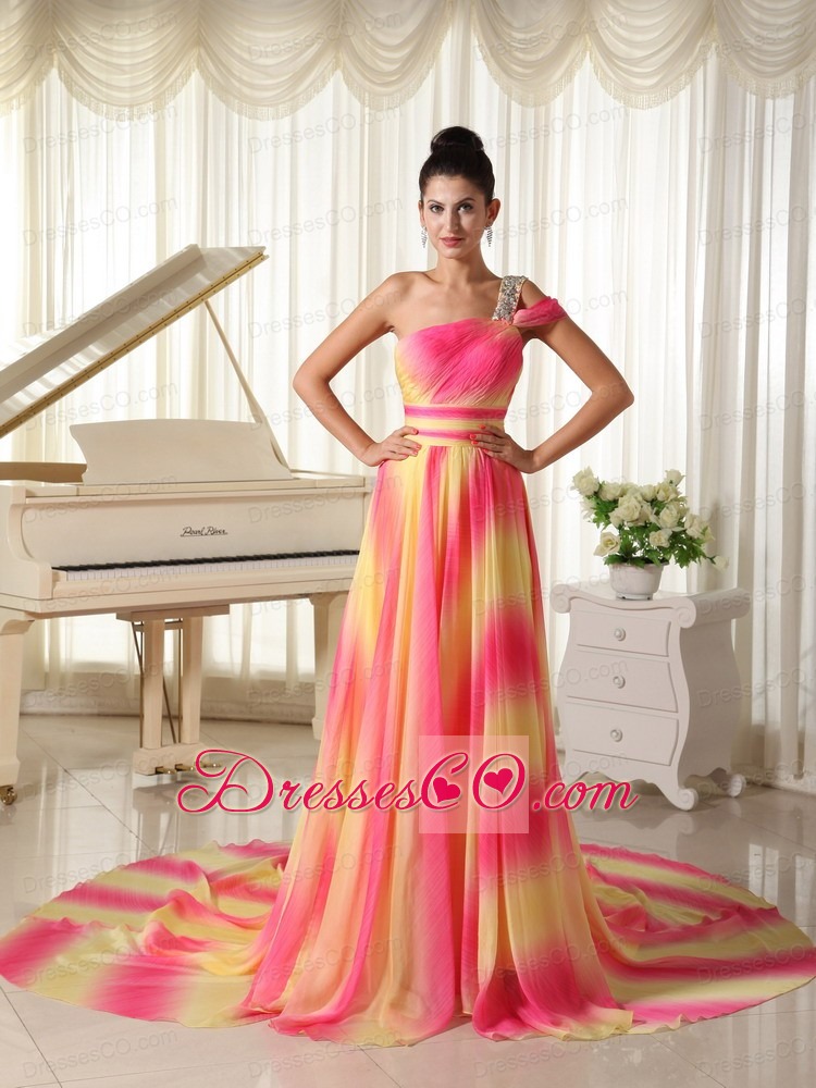 Ombre Color Chiffon Beaded Decorate Shoulder Prom Dress With Court Train