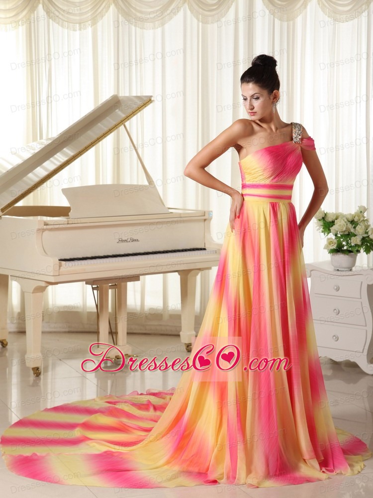 Ombre Color Chiffon Beaded Decorate Shoulder Prom Dress With Court Train