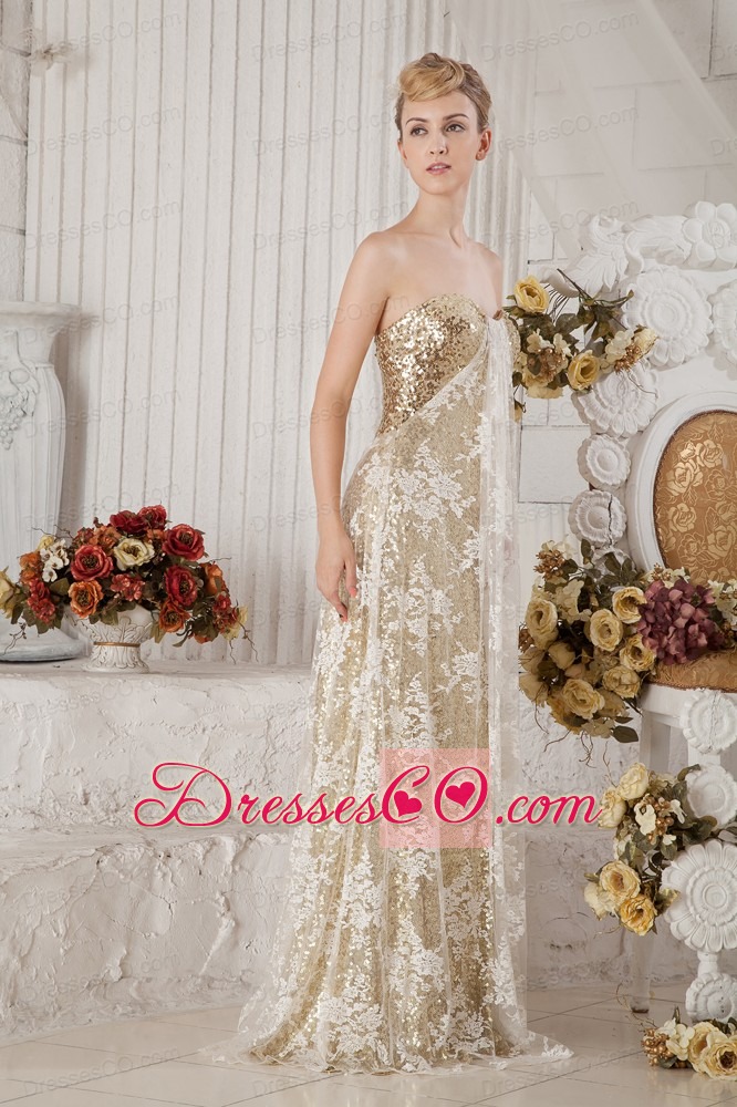 Gold Sequin and Lace Champagne Covered Prom Dress
