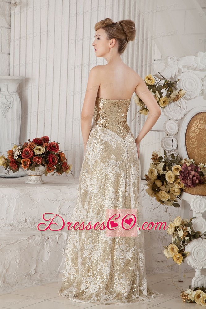 Gold Sequin and Lace Champagne Covered Prom Dress