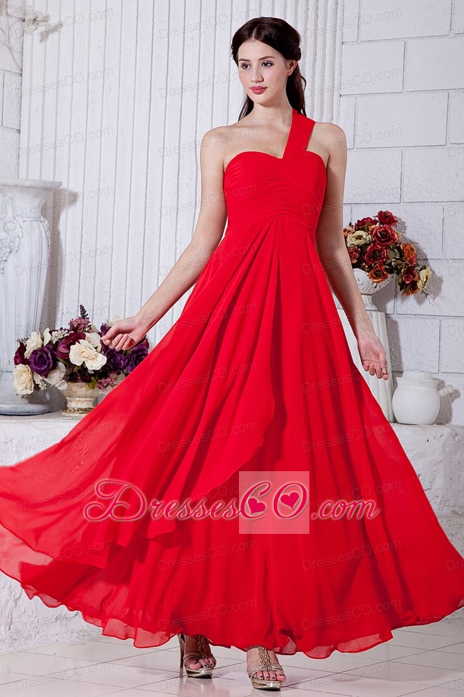 Red Empire One Shoulder Ruching Prom / Evening Dress Ankle-length Chiffon