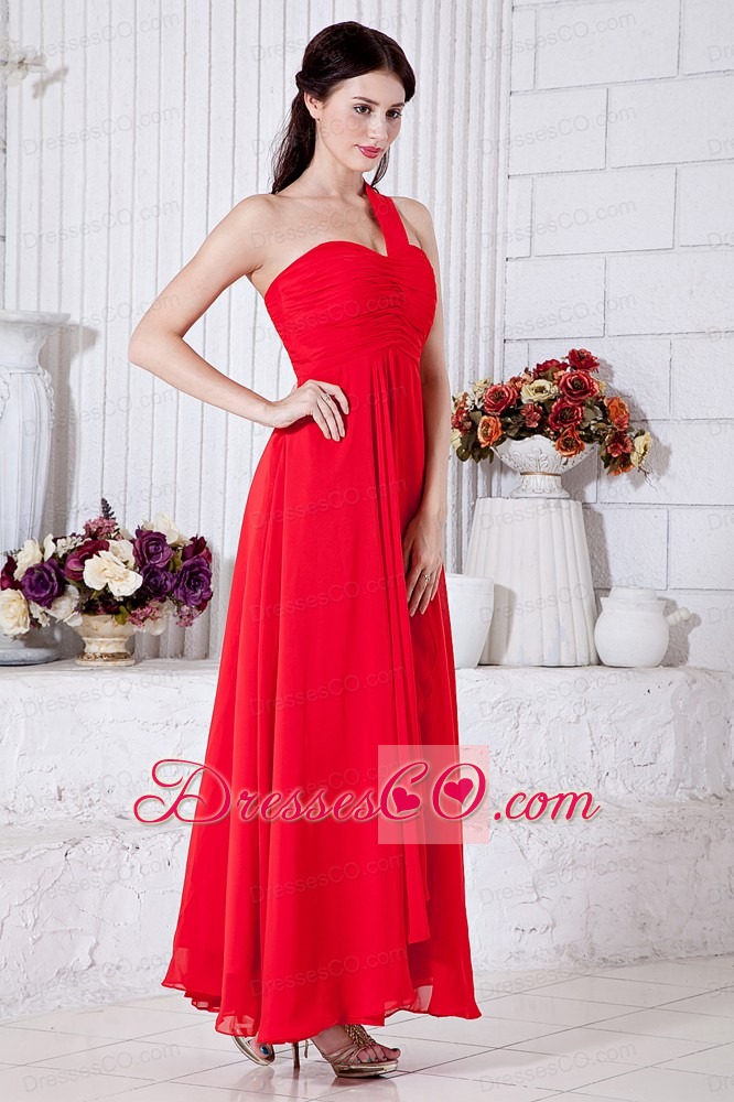 Red Empire One Shoulder Ruching Prom / Evening Dress Ankle-length Chiffon