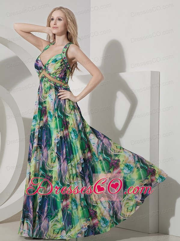 Perfect Colorful Evening Dress Empire Straps Printing Beading Long