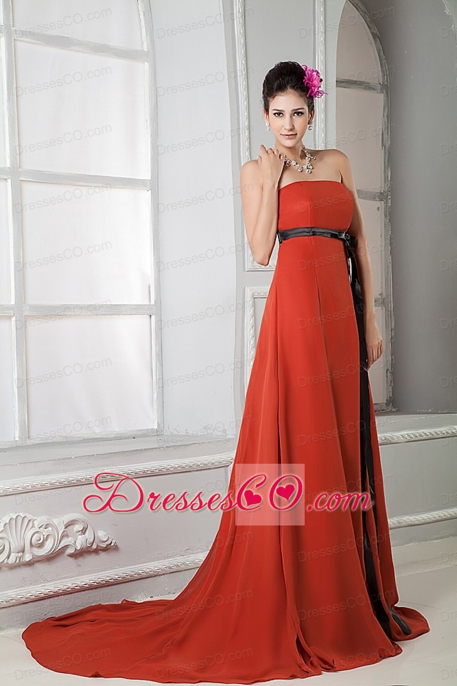 Elegant Rust Red Column Strapless Prom / Homecoming Dress Chiffon Sash Brush Train