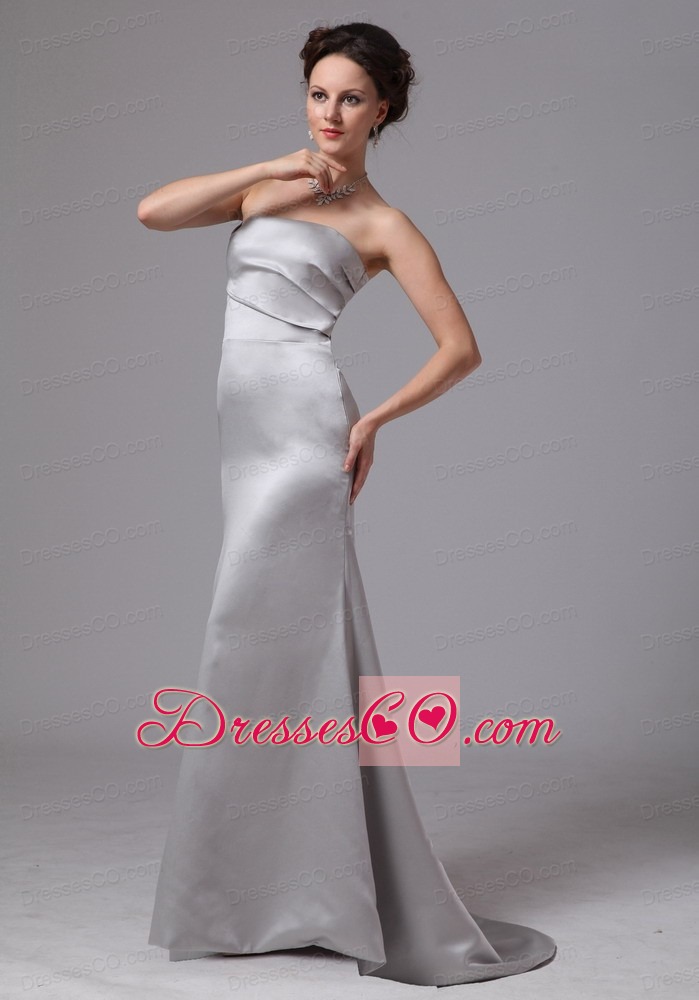 Simple Silver Column  Brush Train Prom Dress For Customize