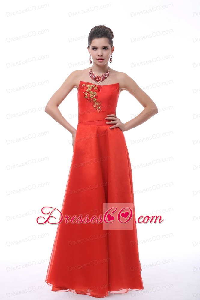 Rust Red Strapless Nechline For Prom With Embroidery Decorate Organza Prom Dress