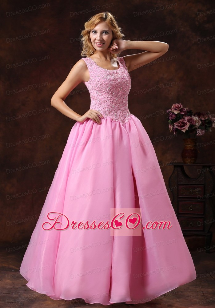 Rose Pink Wide Scoop Lace-up Princess Prom Dress For Party Appliques Decorate