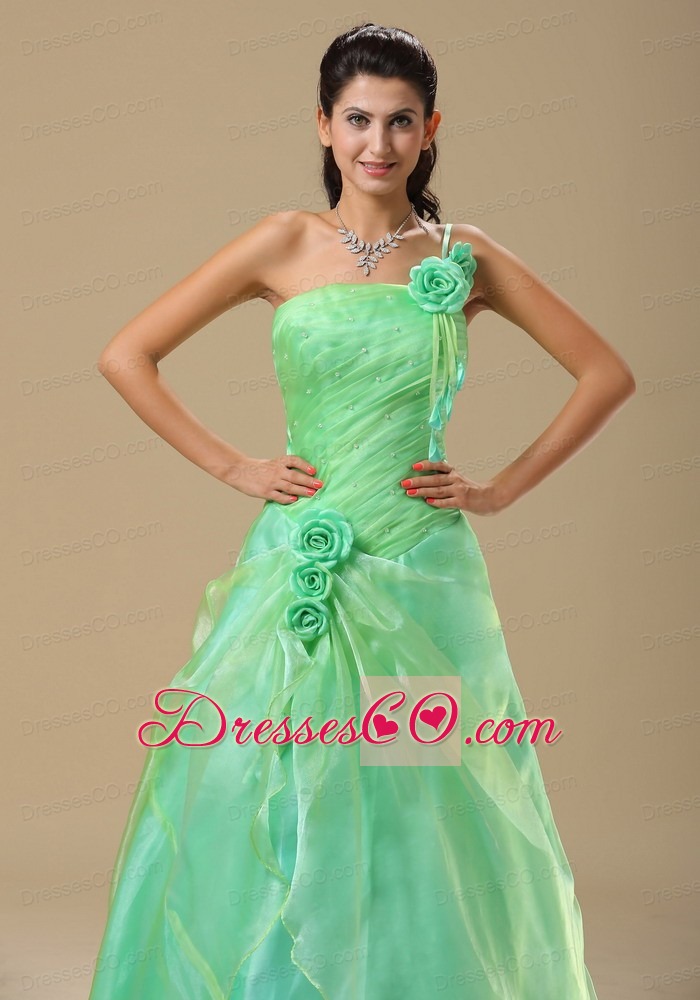 Apple Green Hand Made Flowers and Ruched Bodice  Prom Gown Dress