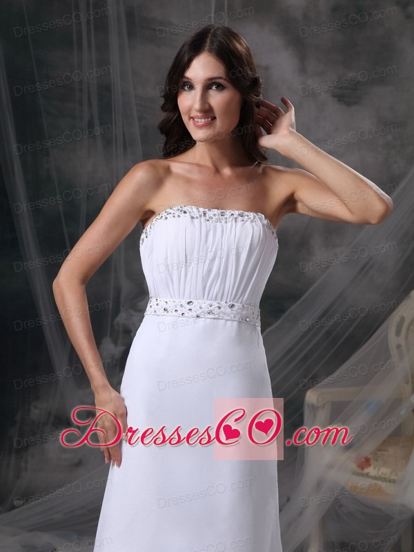Elegant White Column Strapless Prom / Celebrity Dress Chiffon Beading and Ruching