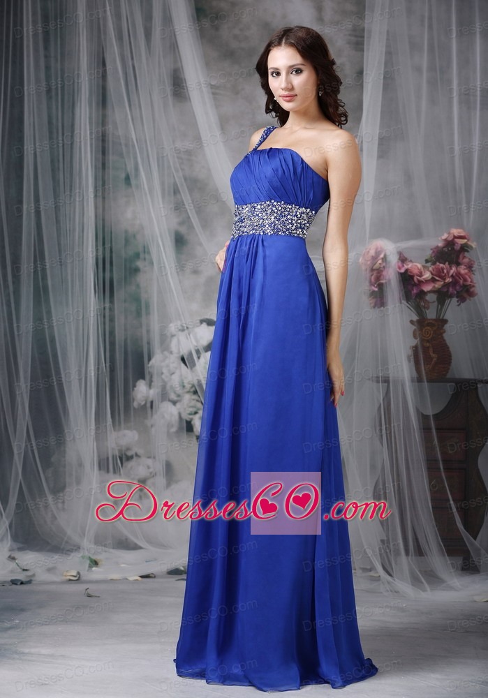 Royal Blue Empire One Shoulder Long Beading Chiffon Prom Dress