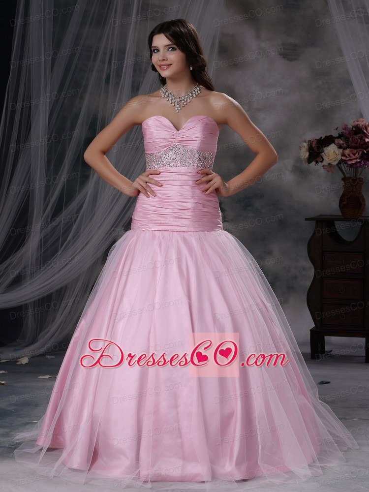 Baby Pink A-line Long Tulle And Taffeta Beading Prom Dress