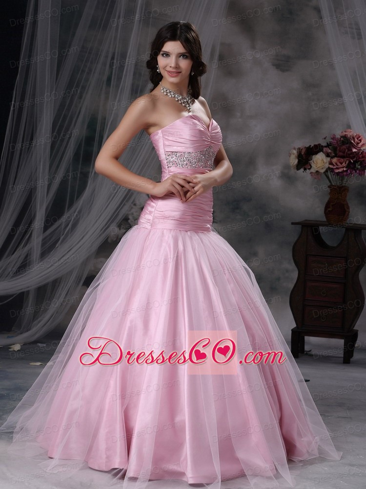Baby Pink A-line Long Tulle And Taffeta Beading Prom Dress