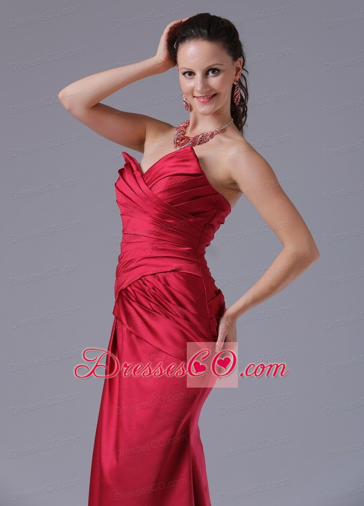 Wine Red Column V-neck Prom Dress With Ruched Decorate Bust