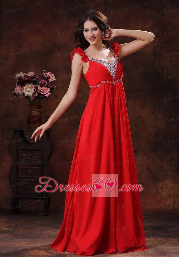 Beaded Decorate Bust Square Neckline Red Chiffon Prom Dress