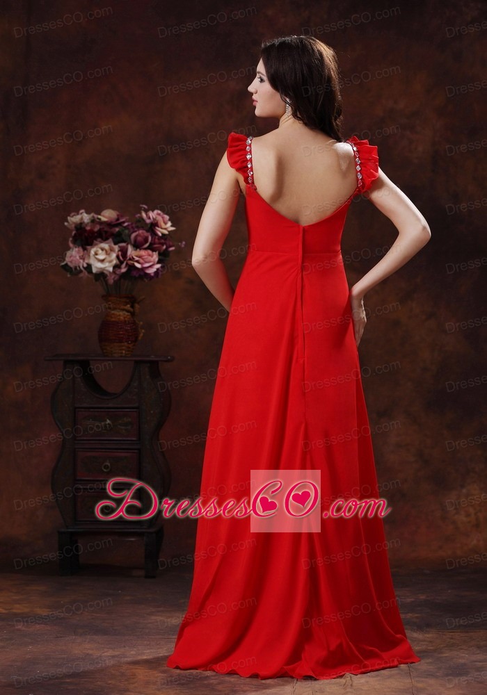 Beaded Decorate Bust Square Neckline Red Chiffon Prom Dress