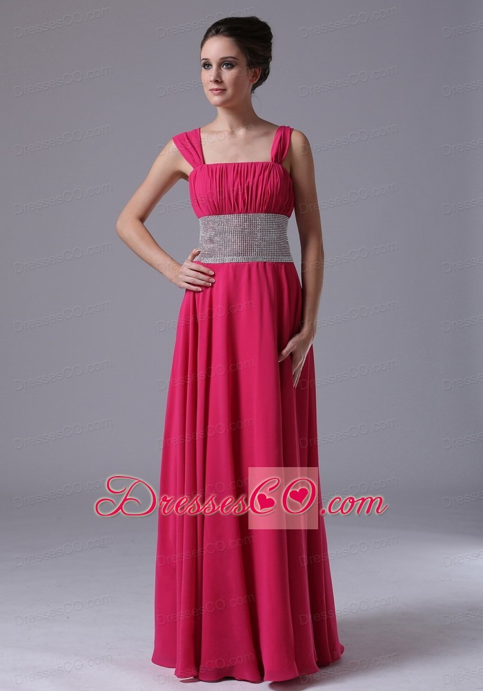 Beaded Decorate Waist Hot Pink Straps Column Prom Dress Ruched Lace-up