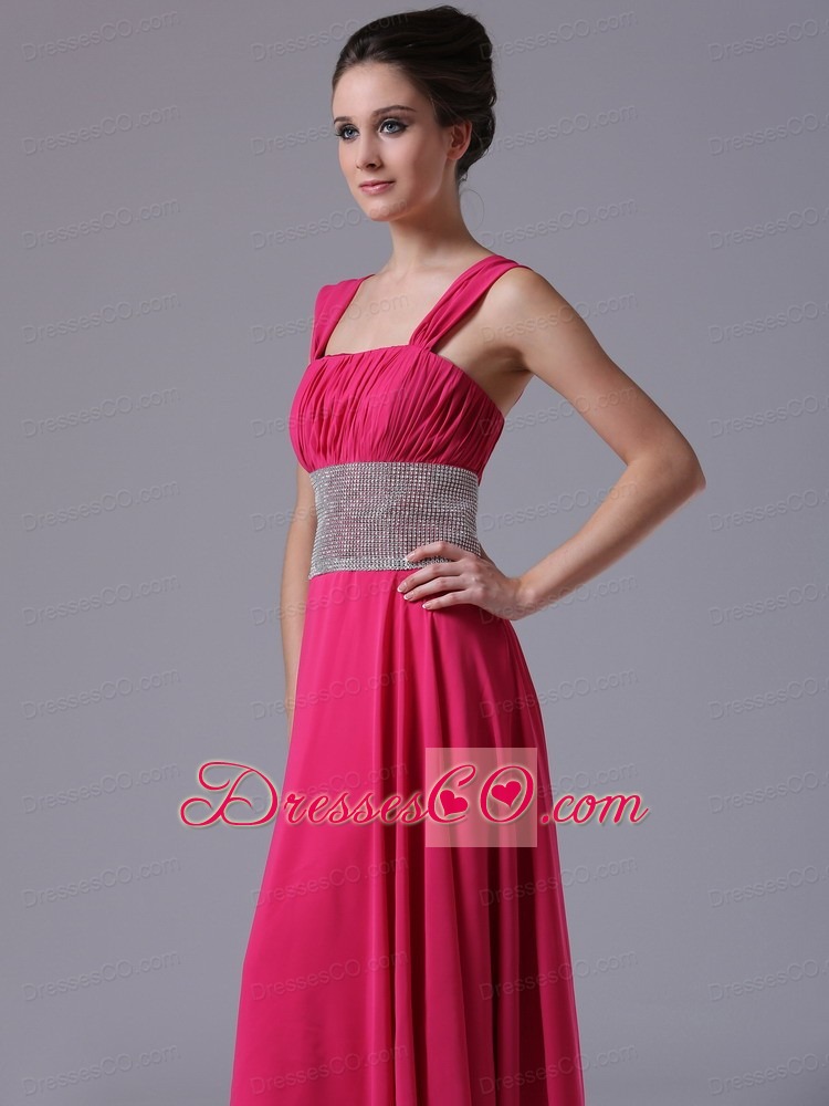 Beaded Decorate Waist Hot Pink Straps Column Prom Dress Ruched Lace-up