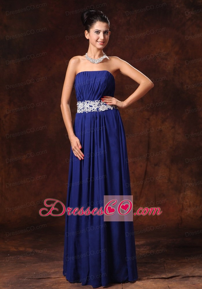 Blue Chiffon Appliques Decorate Waist Strapless Custom Made New Arrival Prom Gowns With Lace Up Back